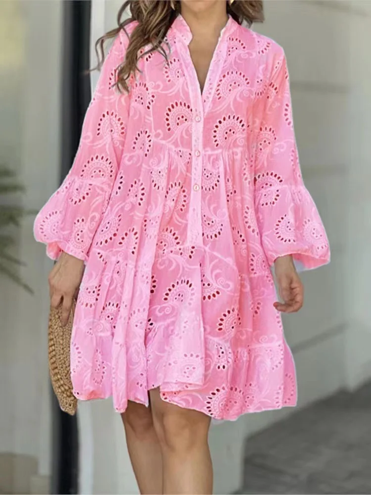Custom Logo Fashion Summer Spring Ladies Casual V-Neck Loose Embroidered Hollow Out Lace Sexy Shirt Dress Women Skirt
