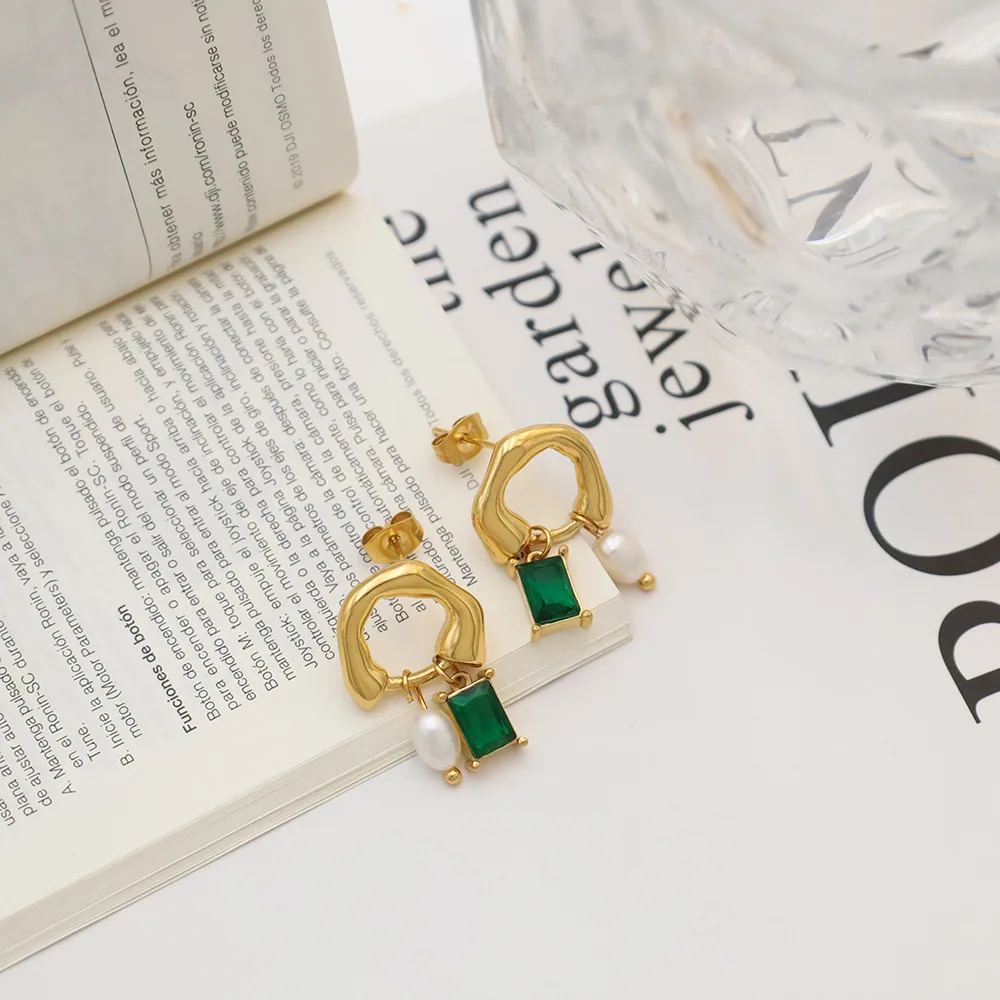 Французские Новые титановые серьги ювелирные изделия 18K позолоченный кулон из нержавеющей стали инкрустированный зеленый/белый циркон жемчужные