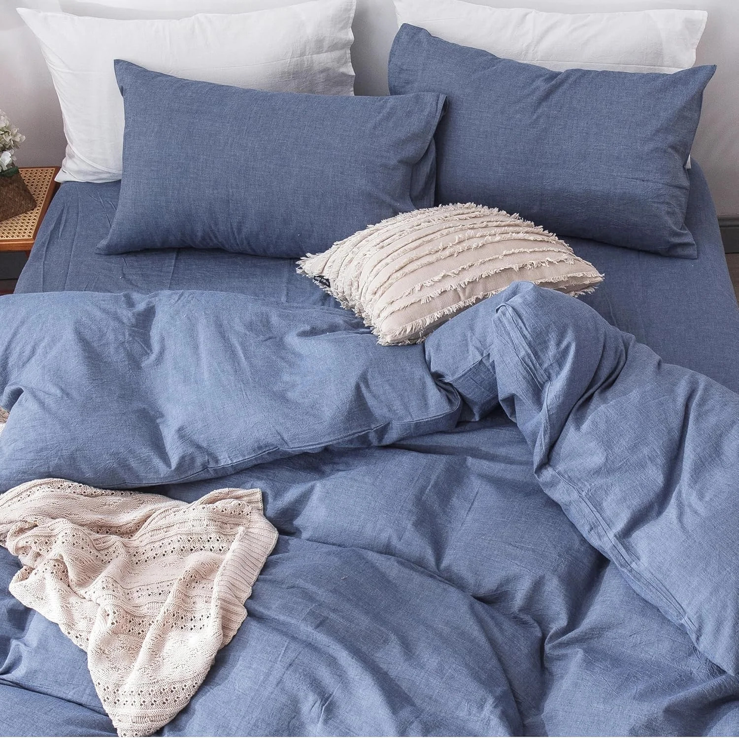 100% Washed Cotton Linen Like Textured Breathable Durable Soft Comfortable Bedding Duvet Cover Set For All Season