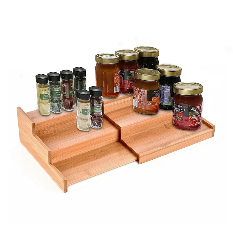 Expandable Bamboo Spice Rack Kitchen Cabinet Organize, 4 Tier Step Shelf Bamboo Display Shelf