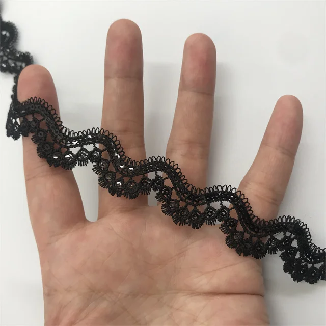 20MM black fancy ripple shape lace trim decoration eyelash embroidery sequin chemical french lace for bridal dress
