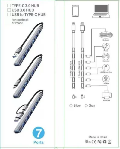 Type-C to 7 port usb hub Aluminum alloy four-port USB cable splitter Usb3.0 type c hub Usb c hub
