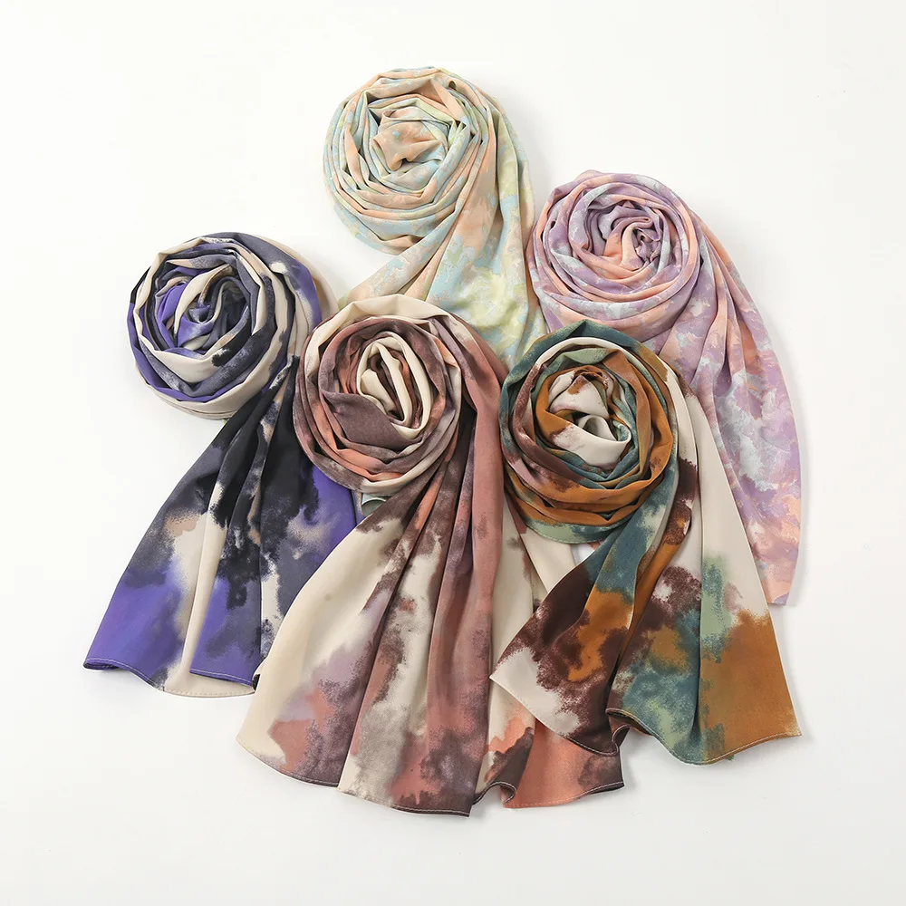 Zifeng OEM Bufandas Mujer De Senten Wholesale Muslim Woman Chiffon Tie-dye Printed Hijab Scarf