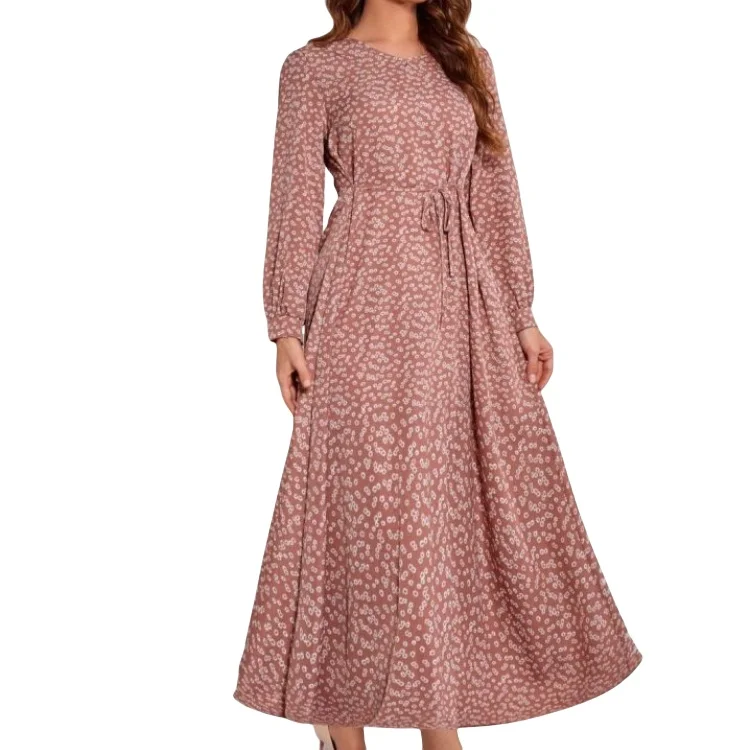 European and American printed dress conservative waist full skirt modest evening dress muslim dress