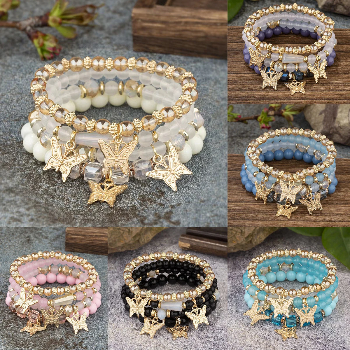 Boho Elastic Gold Plated Crystal Layered Butterfly Beaded Bracelet Women Handmade Beads Bracelet Jewelry For Gift