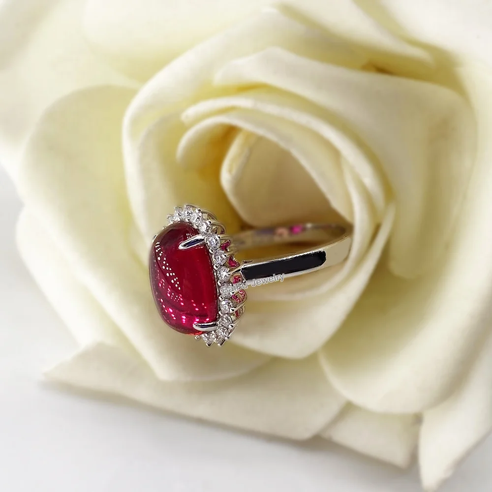 18K gold halo ring Sunflower band corundum ruby 5# gemstone oval 14*10mm cabochon
