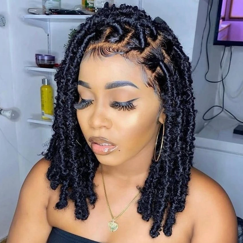 Hot Sale Butterfly Locs Braided Lace Wigs Soft Knotless Handmade Synthetic Braids Lace Frontal Wig Human Hair