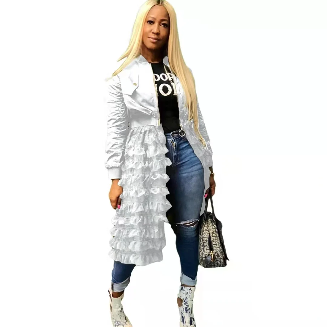 S 3X 4X 5XLFashion Zipper Solid ColorJacket Mesh Lace Dress Plus Size Women Jacket Fall Winter Coat