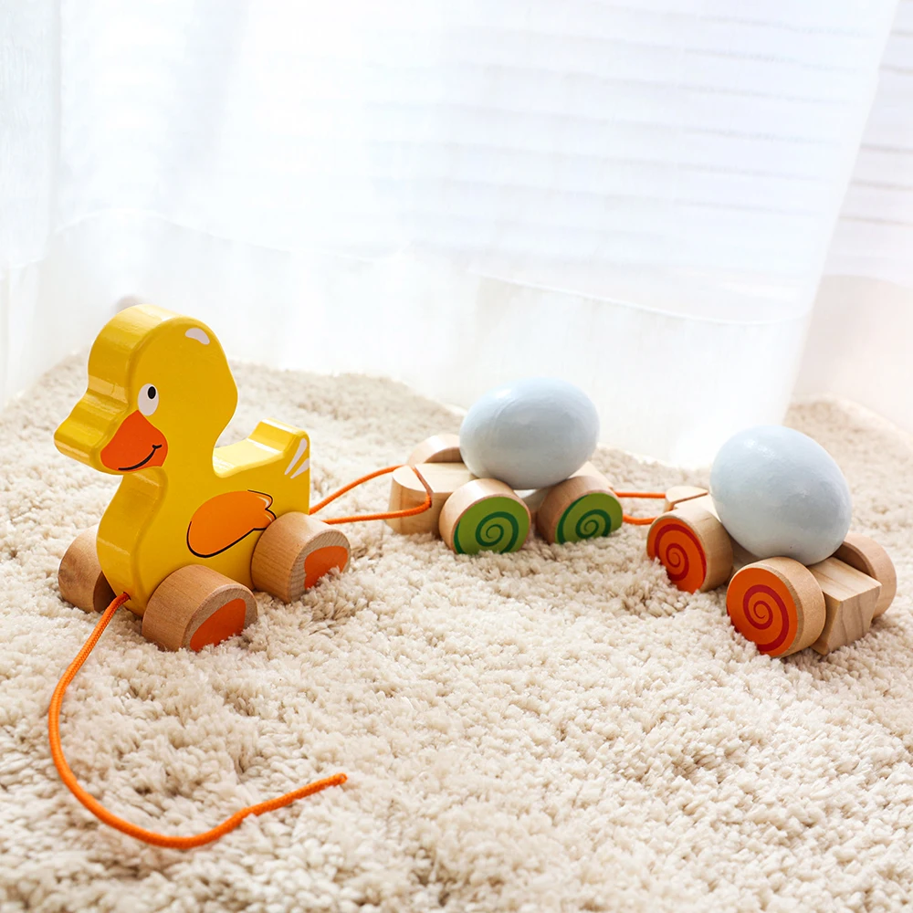 Baby Pull Along Pull String Duck String Line Hand Push Pull Rope Dragging Wooden Animal Cart Toy