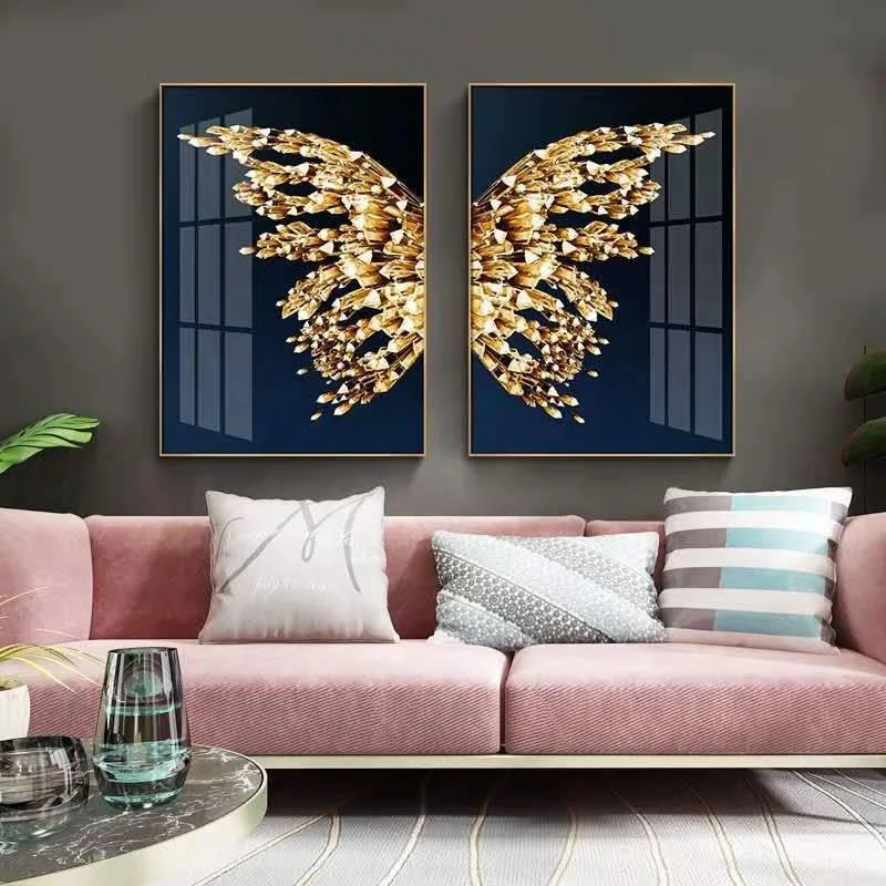 Modern Gold Butterfly Abstract Crystal Porcelain Painting Art Work With Aluminium Metal Framed For Living Room Decor