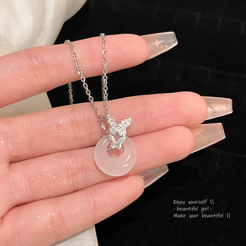 Chinese Style Safe Buckle Necklace For Women Jade Peace Buckle Lucky Bamboo Butterfly Zircon Charm Pendant Necklace