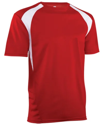 Mens custom red with white panels 100% moisture wicking cool mesh polyester 160gsm short sleeves uniforms or spirit wear T-Shirt