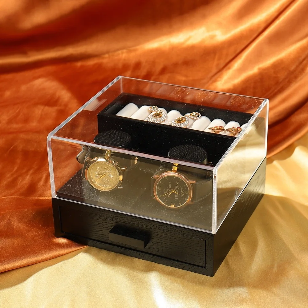 Factory Direct 2 Slot Wooden Watch Display Case Luxury Gift Wrist Watch Storage Box with Acrylic Clear Lid