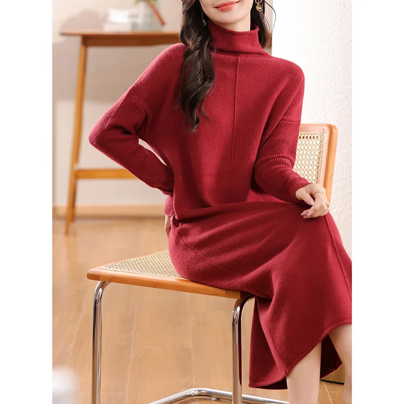 Hot-selling Loose Turtleneck Fashion Ladies Casual Pure Wool Sweater Dress Winter