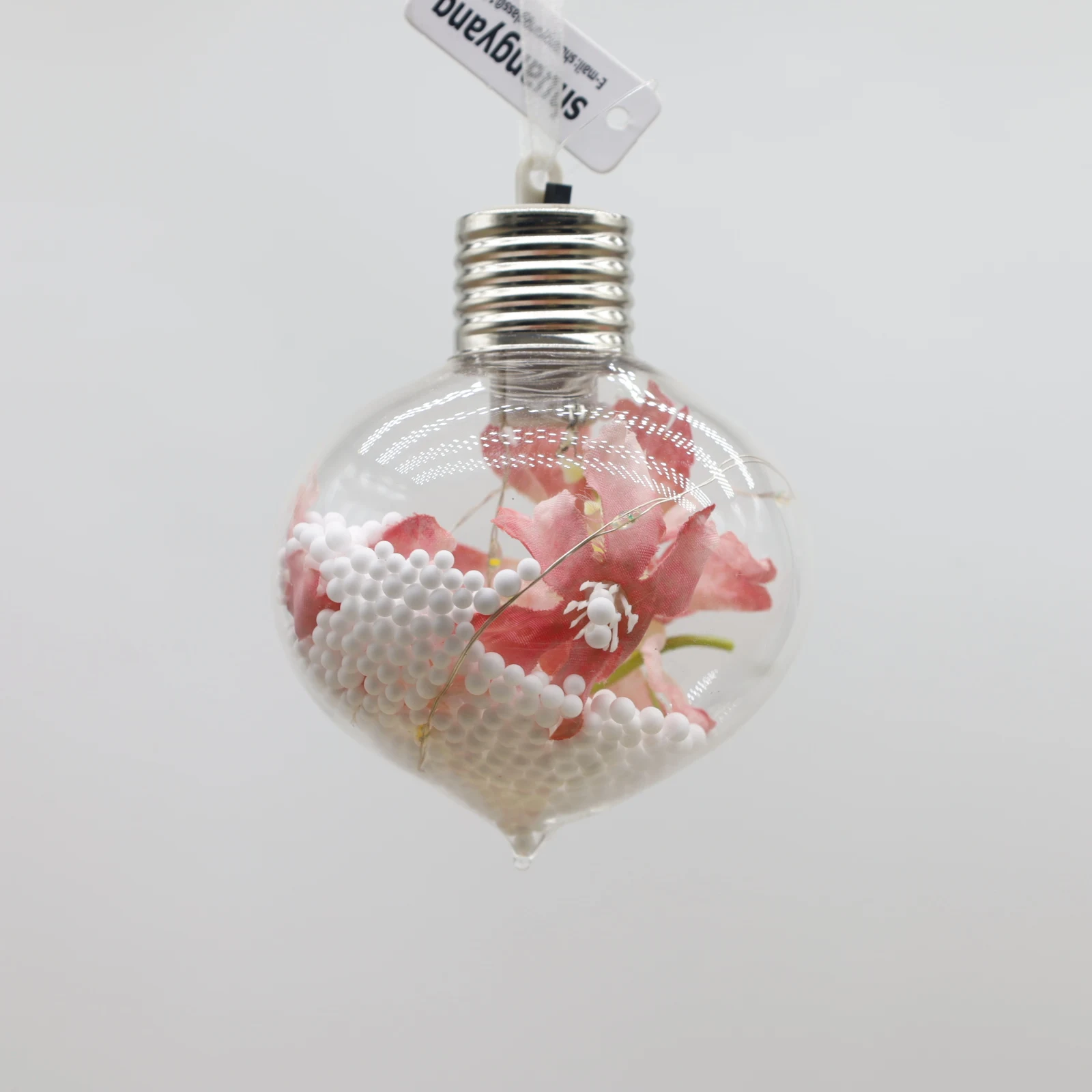 8cm LED clear glass ball Christmas ornament decorated with pink flowers and foam beads