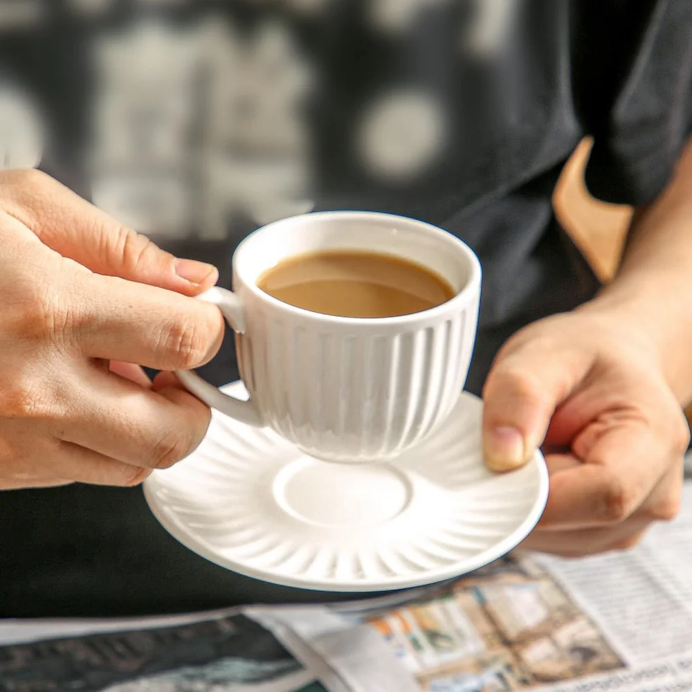 Ceramic Cappuccino Espresso Bulk Coffee Mug Saucer Set with Embossed Latte Cup Available in Various Sizes