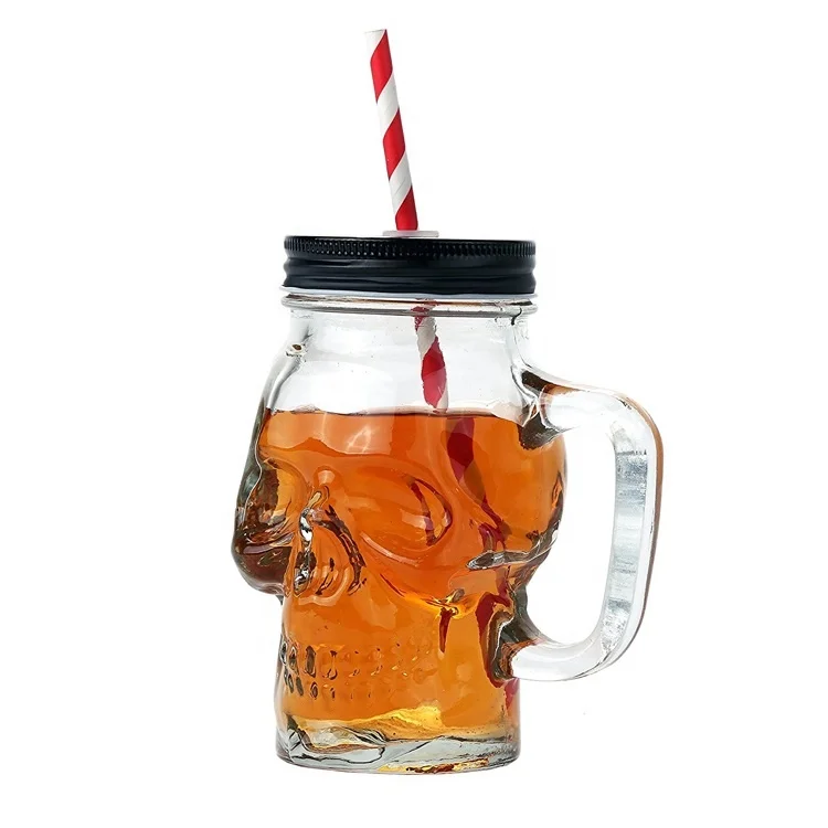 Home Bar Party Decoration Cup Mason Jar 500ML Creative Design Glass Beer Mug with A Straw and Lid