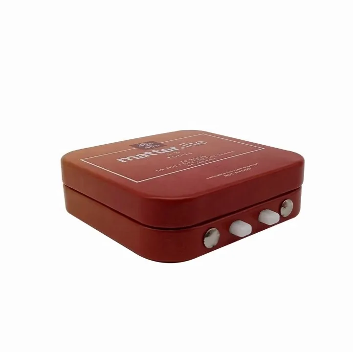 Child Resistant tin box with button lock child proof tin packaging box safety lock tin case with rubber insert 50x50x15mm