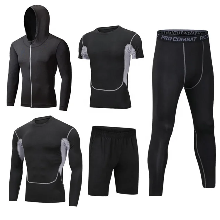 
Wholesale Men 5 pieces Sport Clothing Quick Dry Long Sleeve Gym Fitness Set Custom Design Your Own Clothing 