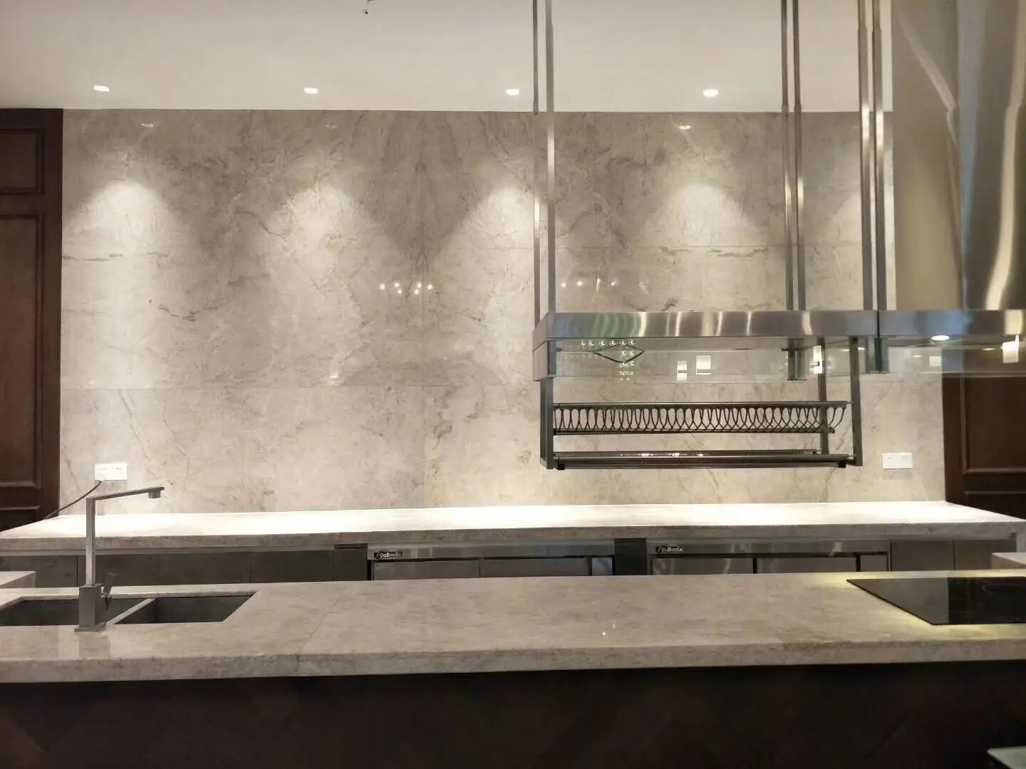 Elegant customized kitchen Taj mahal quartzite countertop bar top