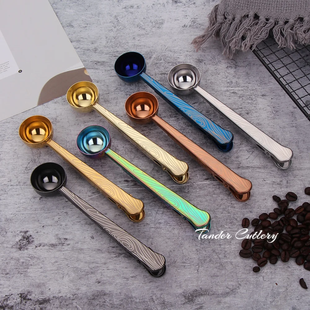 custom logo small coffee bean measuring spoon with bag clip steel 2 in 1 multipurpose 15ml powder measuring scoop with gift box