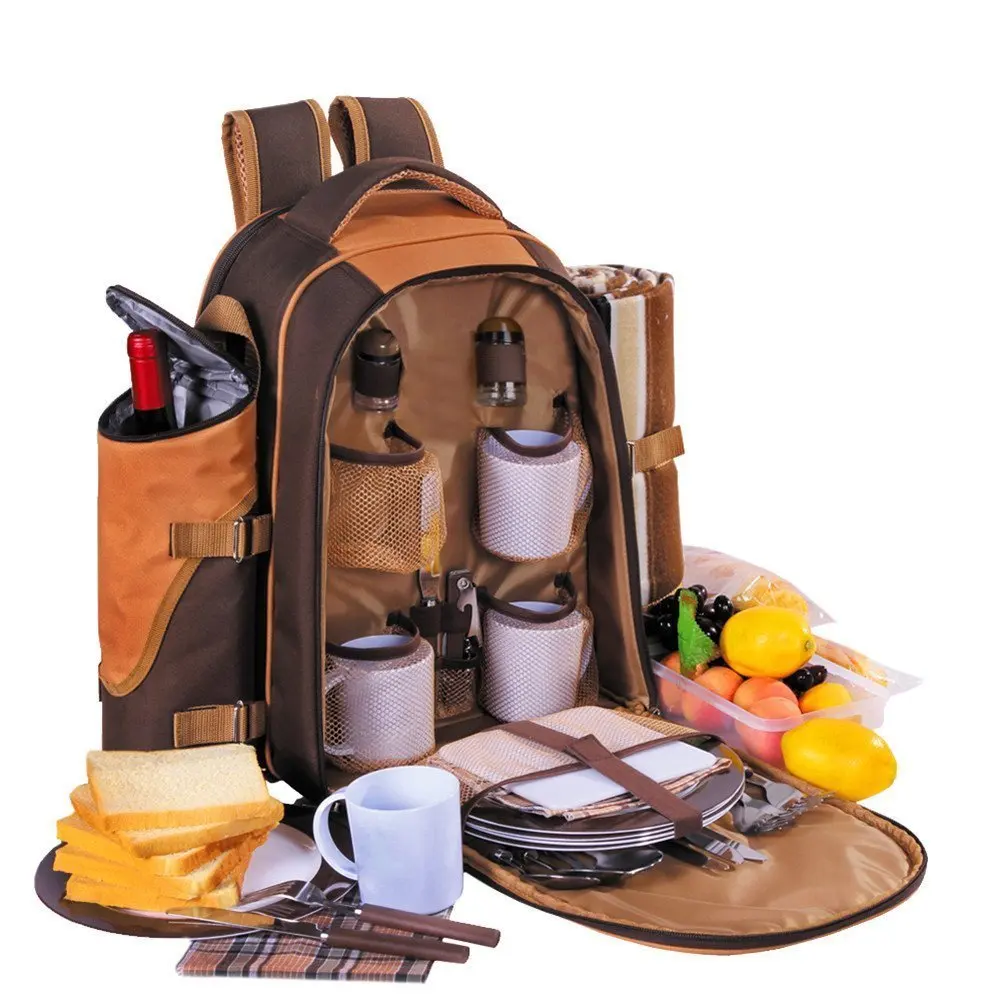 Picnic Backpack 4 Person Picnic Bag With Cooler Compartment Detachable Bottle Wine Holder Fleece Blanket Plates and Cutlery