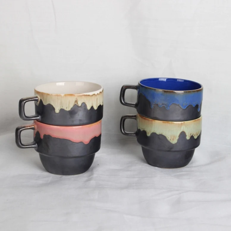 Hunan factory price 4 colors glazing tea mugs stoneware  ceramic stackable custom mug