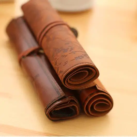 Creative treasure map Vintage Canvas Leather Large Capacity roll pencil bag lovely simple stationery box