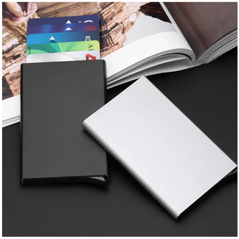 Slim Aluminum Wallet With Elasticity Back Pouch ID Credit Card Holder Mini RFID Wallet Automatic Pop up Bank Card Case Box