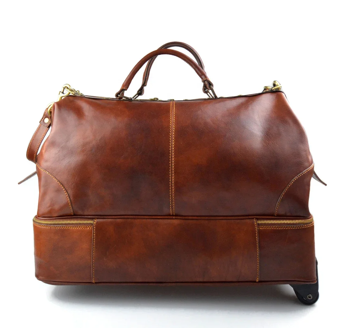 Leather Weekender Suitcase Leather Travel Bag with Trolley Brown Airplane Carry On