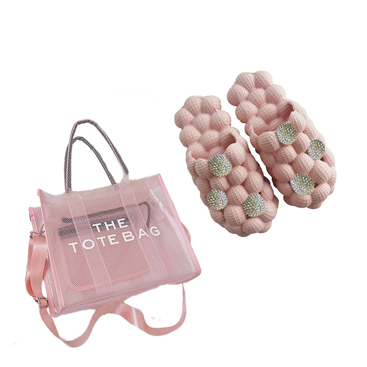Tiktok Hot Women Massage Pink Bling Bubble Slides Rhinestone and Fashion Clear Jelly Tote Bag Set for Summer