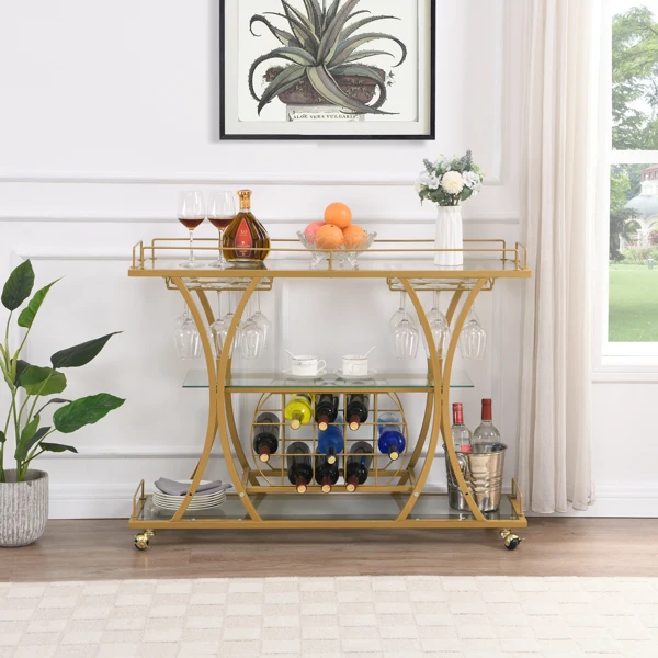 Serving Cart with Glass Holder and Wine Rack, 3-Tier Kitchen Trolley with Tempered Glass Shelves and Gold-Finished Metal Frame