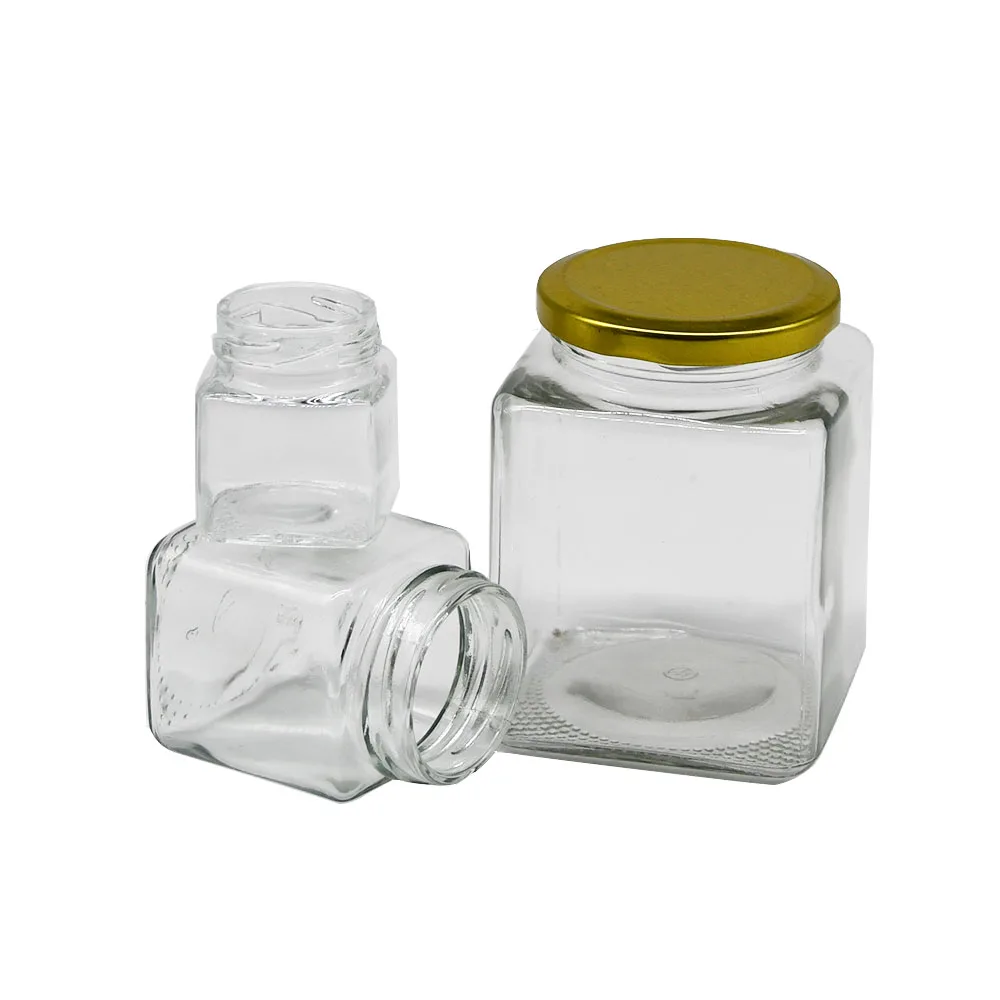 Factory Export Transparent Quadrilateral 150ml 200ml 450ml 600ml Jam Honey Glass Jar Nut Seasoning Storage