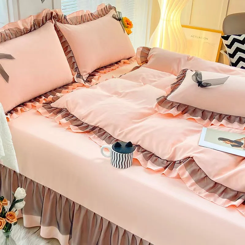 Cotton and linen four-piece set simple solid color washable quilt set bed linen