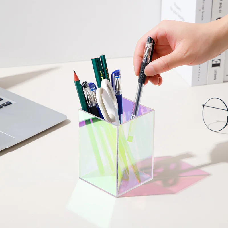 Custom Rainbow Acrylic Makeup Brush Organizer Iridescent Acrylic Storage Box Acrylic Pen Holder