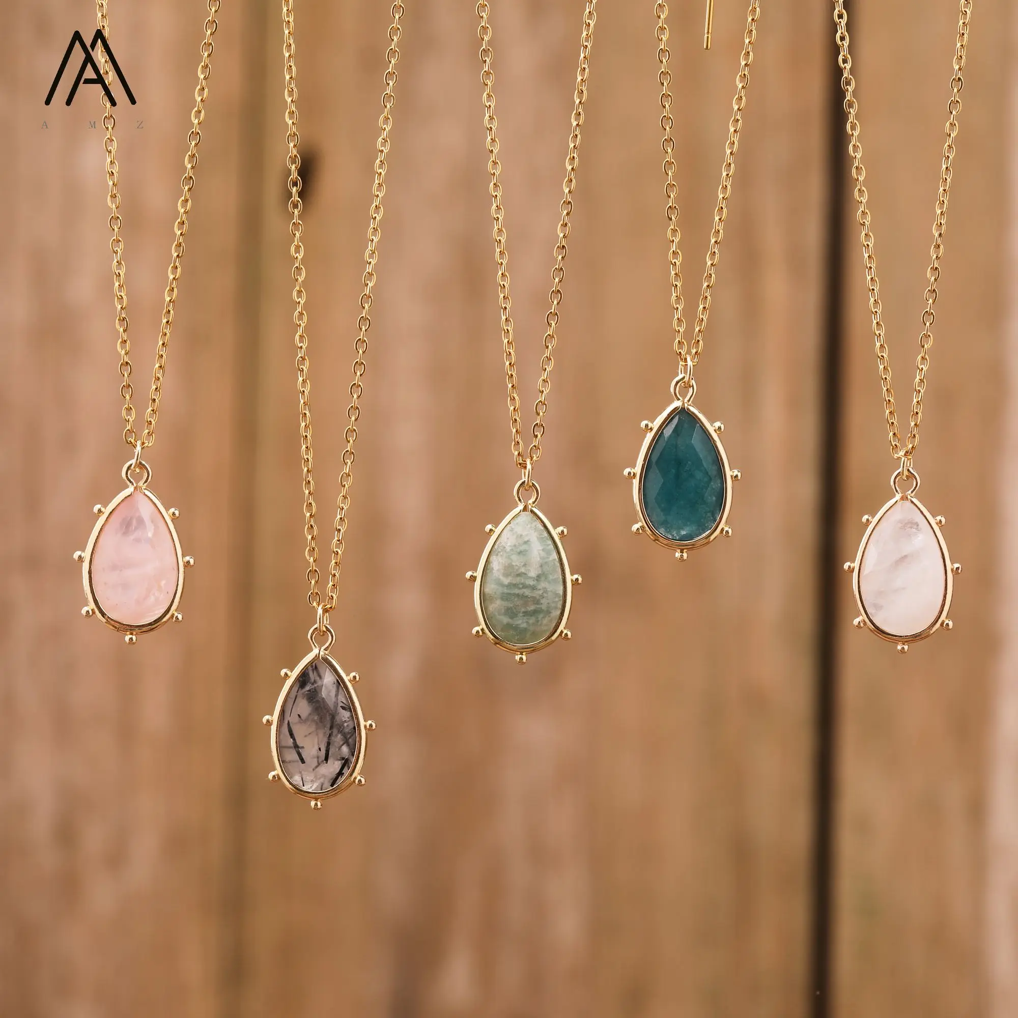 Fashion Crystal Pendant Necklace Teardrop Shape Gemstone Charm Gold Jewelry Boho Gift to her