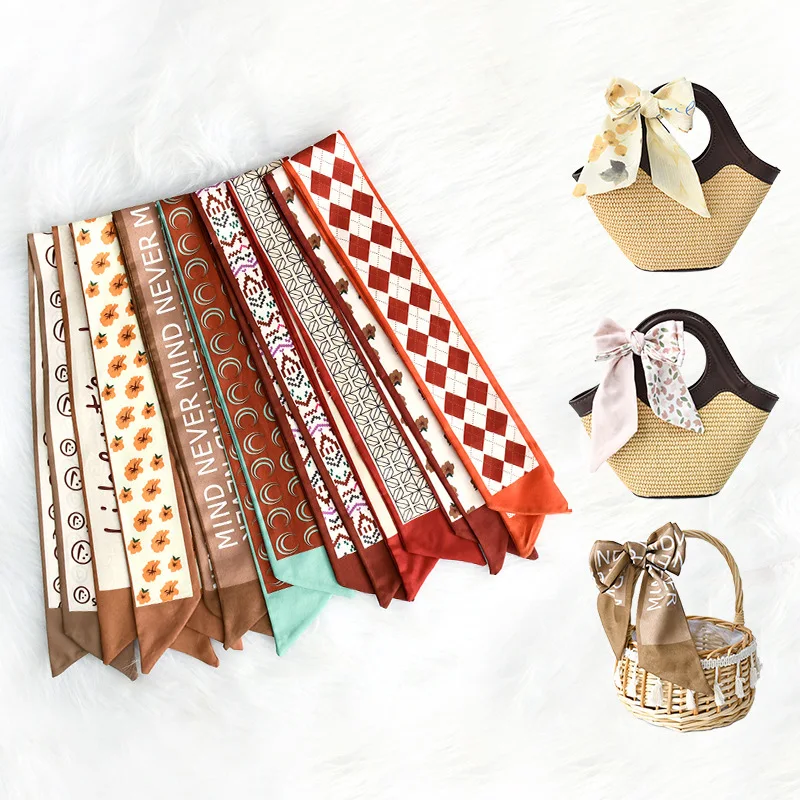 Cute sweet long spring Autumn gift box tie ribbon small fresh custom printed double sided silk scarf