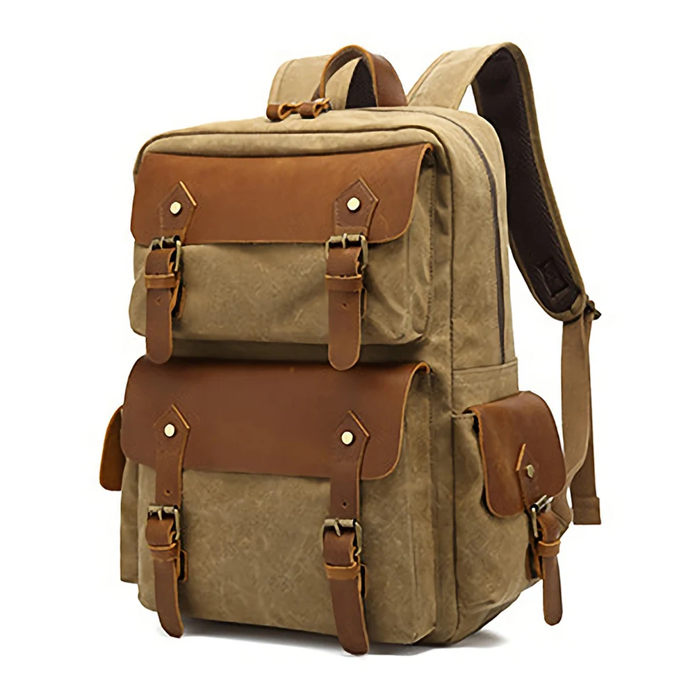 Large-Capacity Vintage Waterproof Genuine Leather Durable Fahion Rucksack Waxed Canvas Backpack for Men