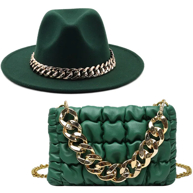 Шляпа Fedoras Женская роскошные аксессуары комплект шляпы с золотой цепочкой женская зеленая сумка-тоут элегантная джазовая шляпа и головной убор для