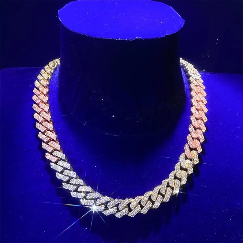 Wholesale vvs moissanite 2 rows Miami gold plated cuban chain necklace 925 sterling silver diamond mossanite cuban link chain