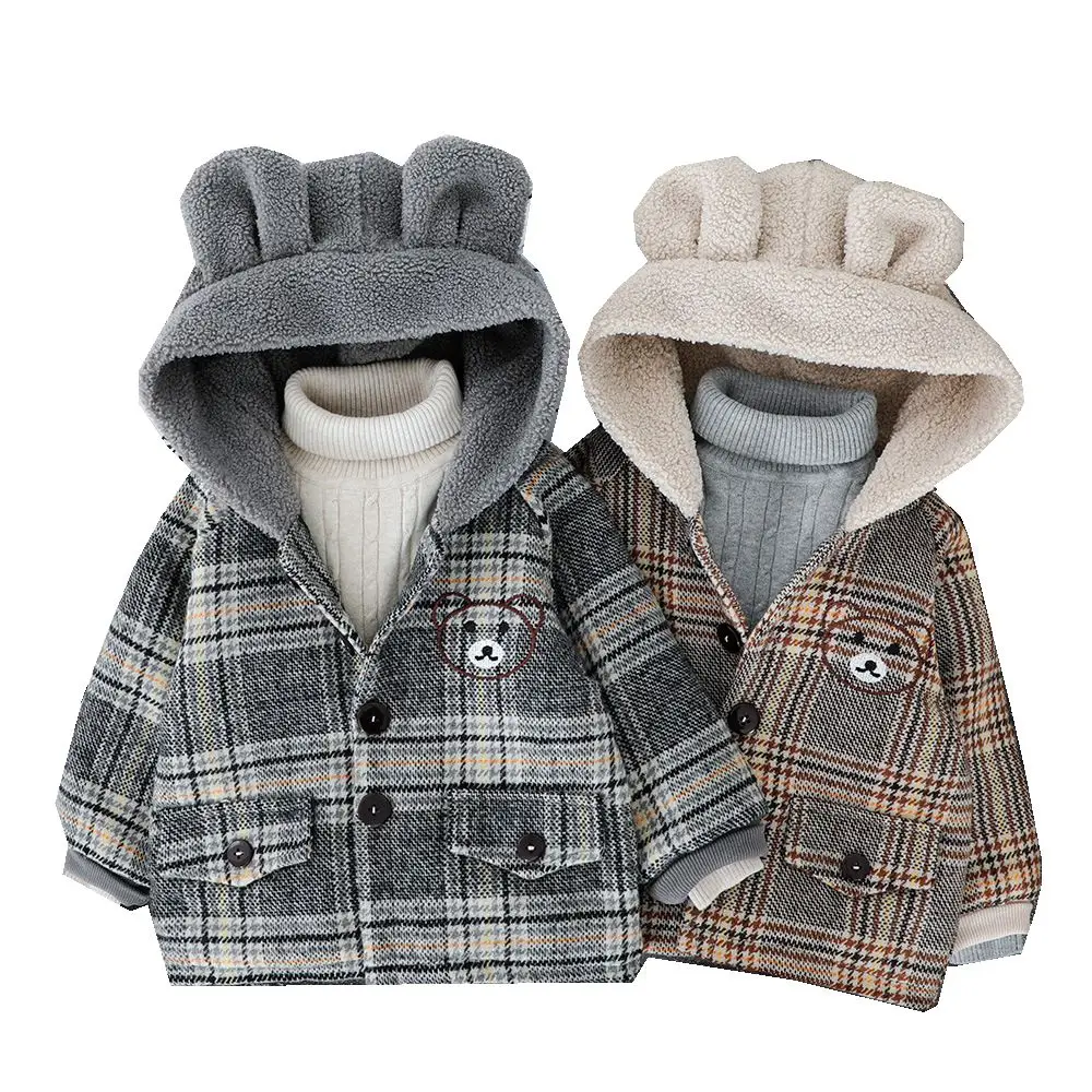 
Fashion toddler boy thick plaid winter outerwear baby coat with fleece hat 