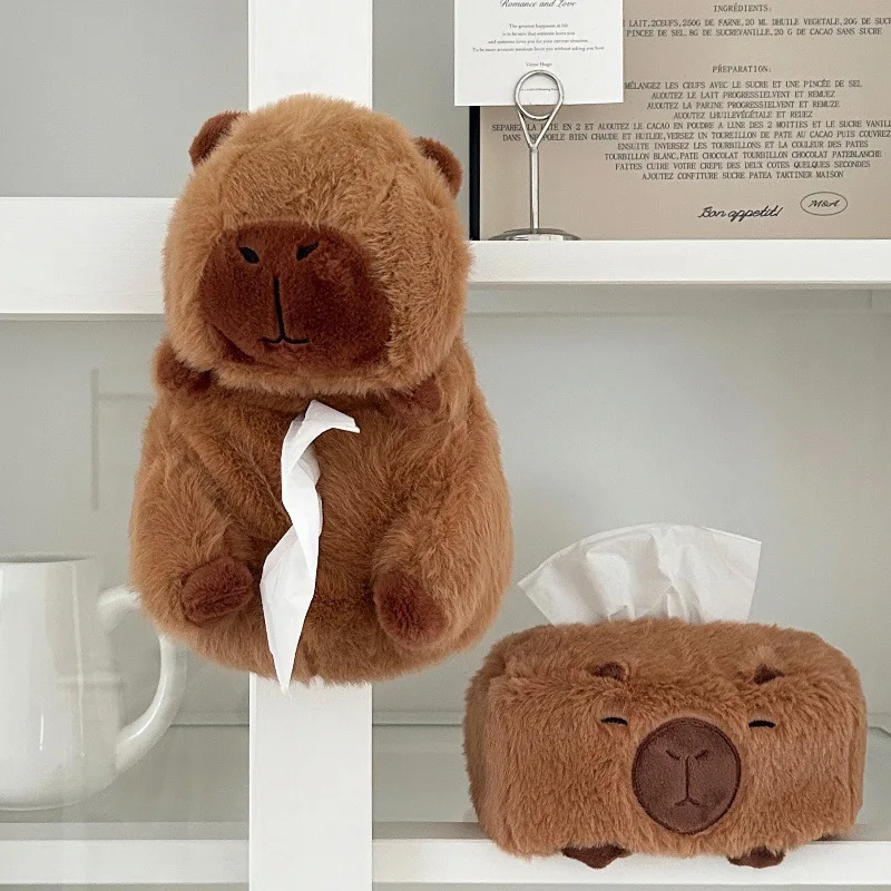 Soft Capybara Car Tissue Box Cute Plush Doll Stuffed Animal Toy Capybara Car Armrest Box Multi-Functional Hanging Tissue Box