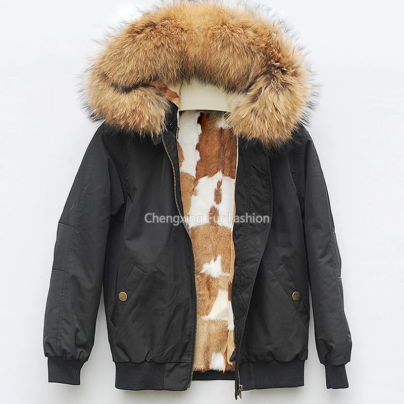 CX-G-P-06N Winter Warm Rex Rabbit Fur Lined Bomber Jacket Women