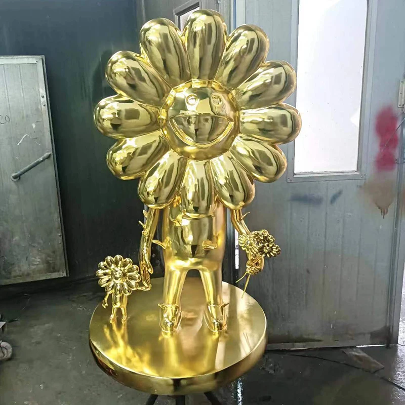 fiberglass art sculpture electroplating golden cartoon sunflower statue flower plant animation mall decoration resin crafts