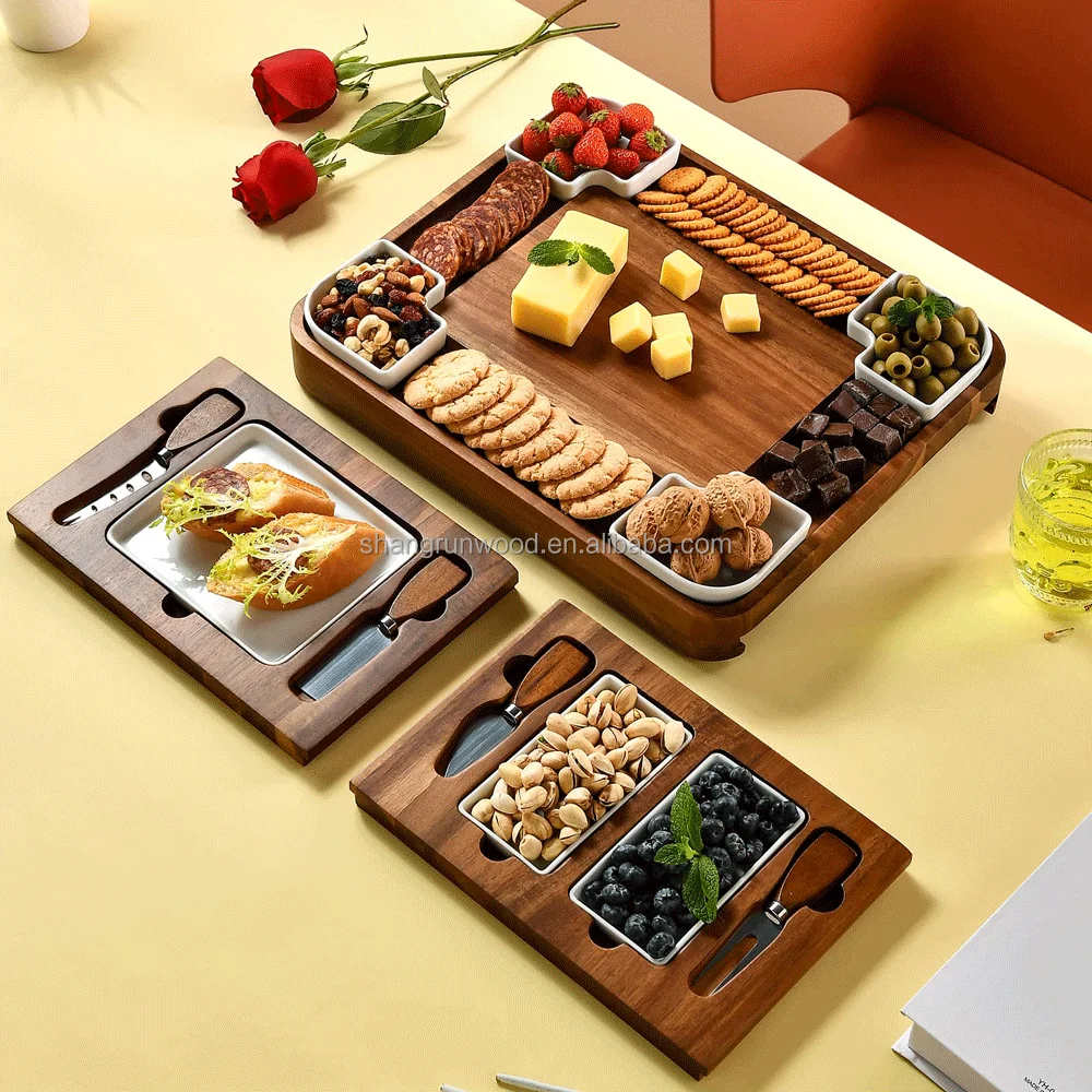 Handcrafted Acacia Square Shaped Cheese Charcuterie Set Cheese Platter Premium Rustic Cheese Boards