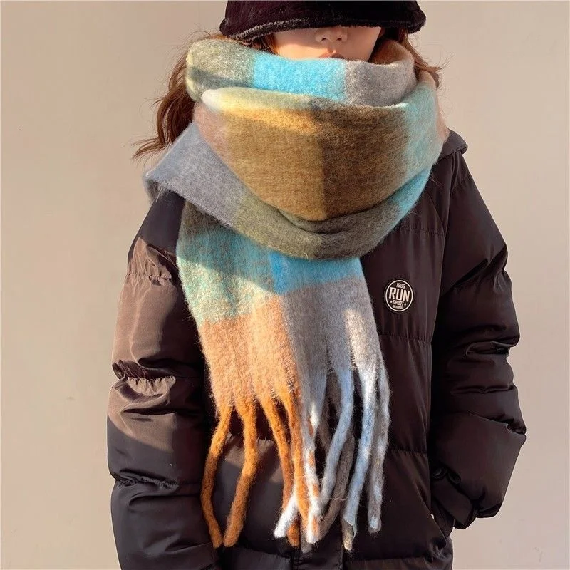 Autumn Winter Women Colorful Fluffy Scarf Large Thicken Mohair Plaid Cashmere Scarf