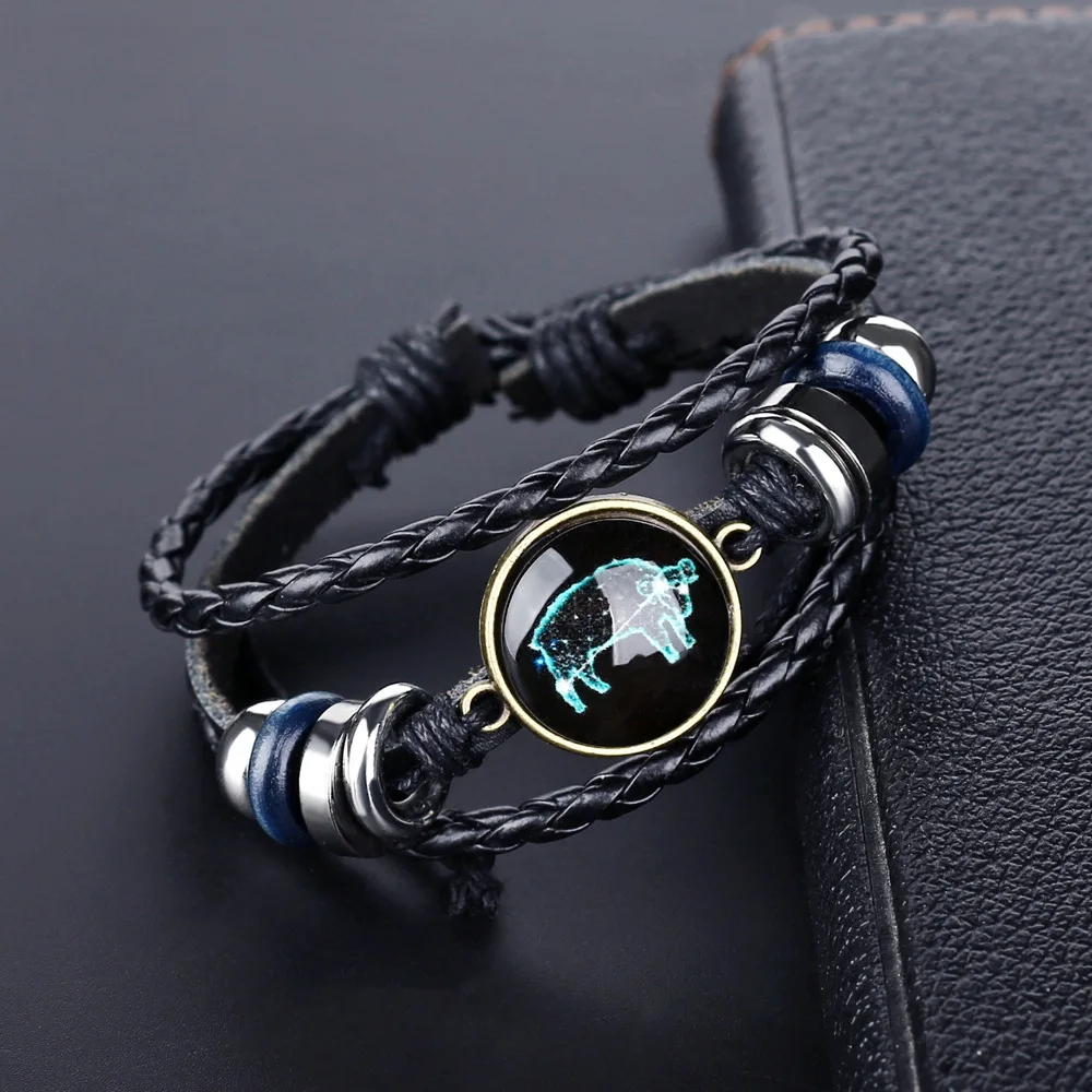 New Fashion Zodiac Stars Stainless Steel Bracelet Jewelry Leather Handwoven Bracelets Custom Couple Bracelets