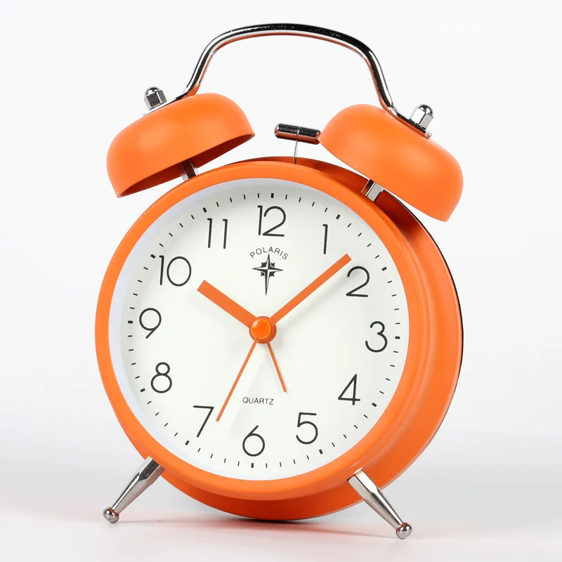 Custom twin bell metal alarm desk clock, silent student bedside table clock