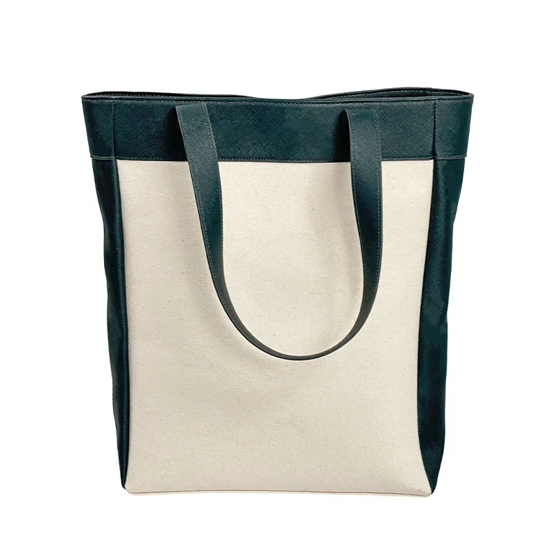 Fashionable Large Capacity Single Shoulder Beach Bag Full Canvas First Layer Cowhide Waterproof Double Color Block Cotton Lining