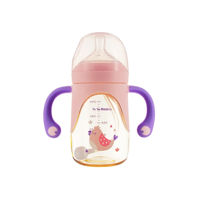 Factory wholesale Bpa free wide mouth PPSU baby milk feeding bottle with dual color handle 240ML/330ML